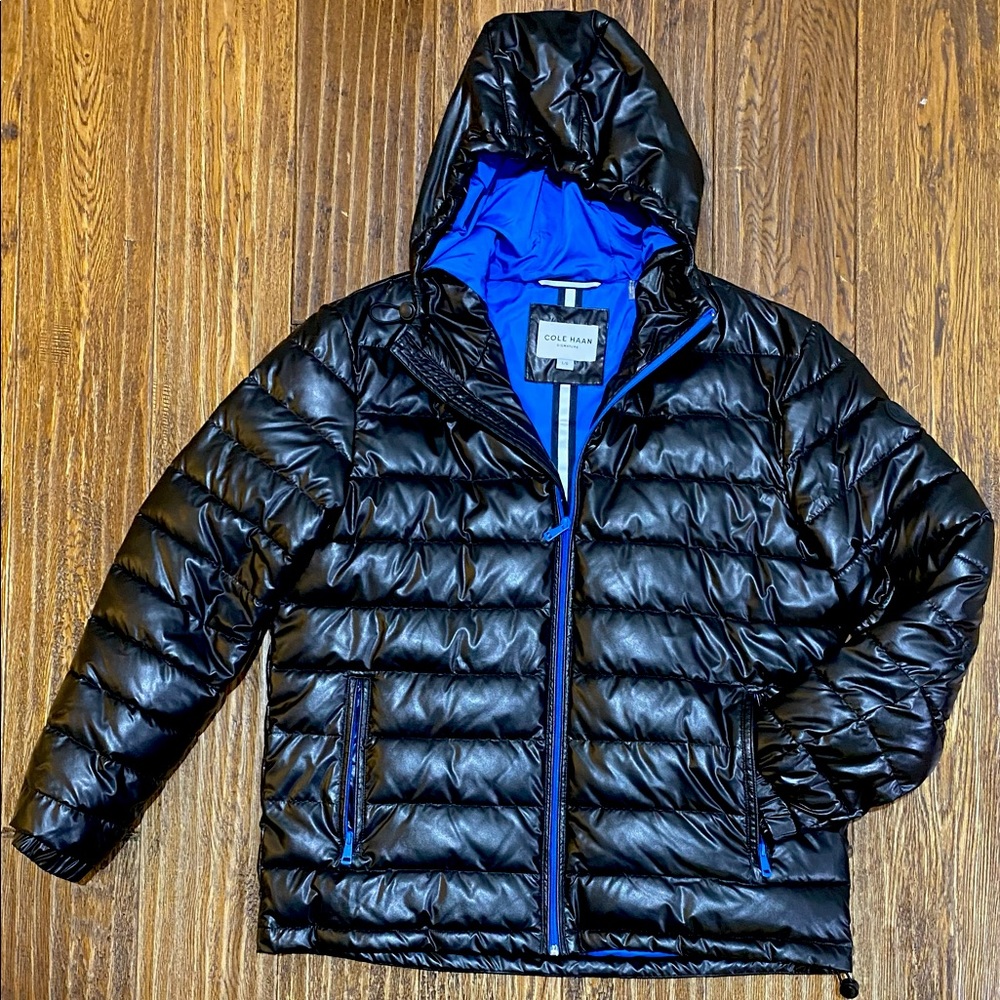 Cole Haan Mens Large Faux Leather Hooded Puffer 700 Down Jacket